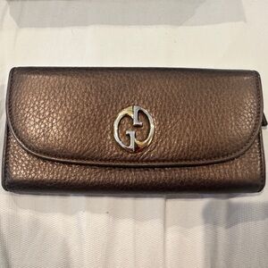 Gucci Brown Pebbled Leather Continental Wallet with Gold & Silver Logo